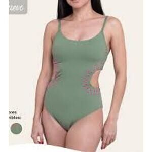 Aerie Cut Out Full Coverage One Piece Swim suit olive green with pink dots (S1)